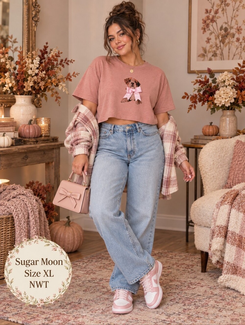 Sugar Moon NWT Dog Graphic Crop Tee Dusty Rose Pink Bow | Size XL - Picture 1 of 6